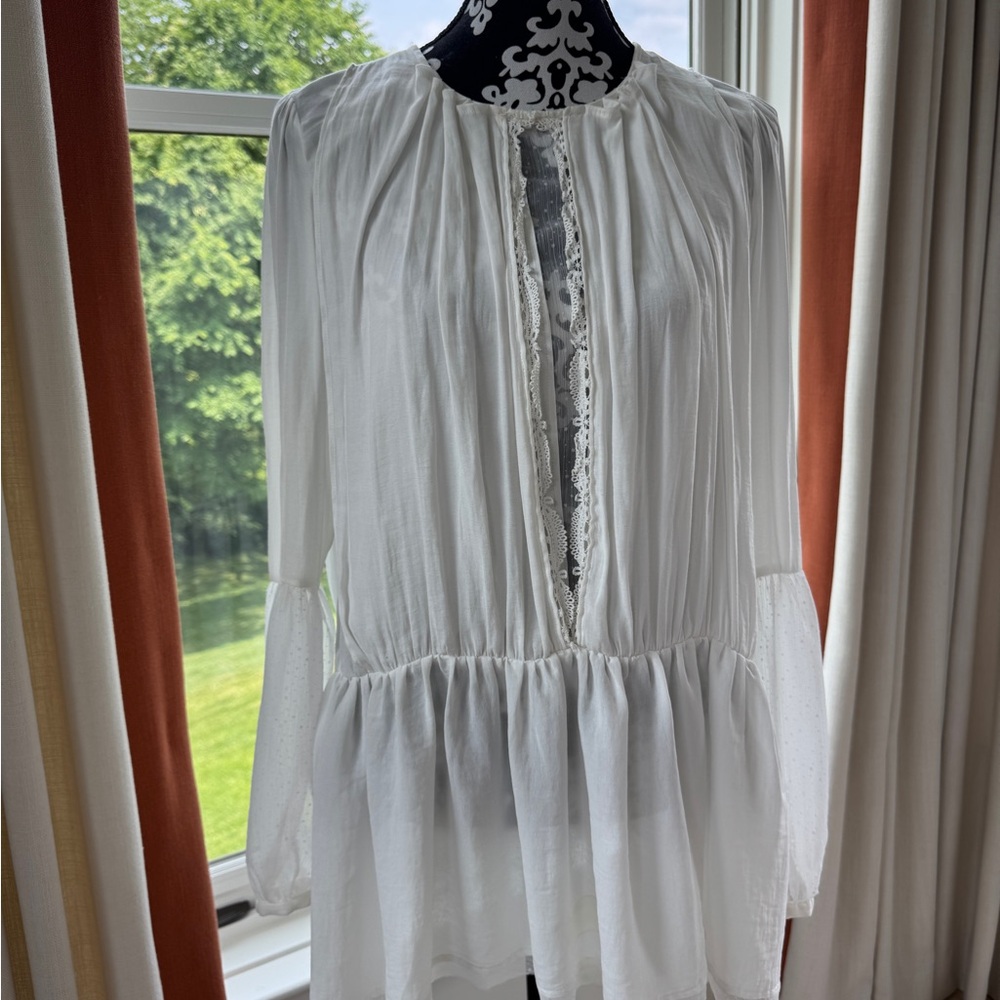 Free People White Ruffled Long Sleeve Blouse